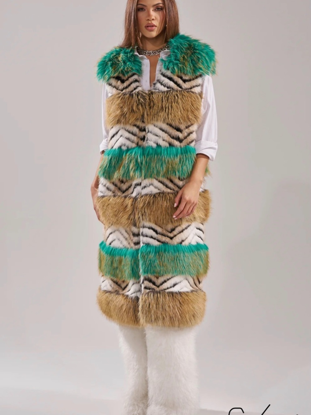 AKIRA Multi-Color Faux Fur Long Vest with Teal Accents - Picture 4 of 7